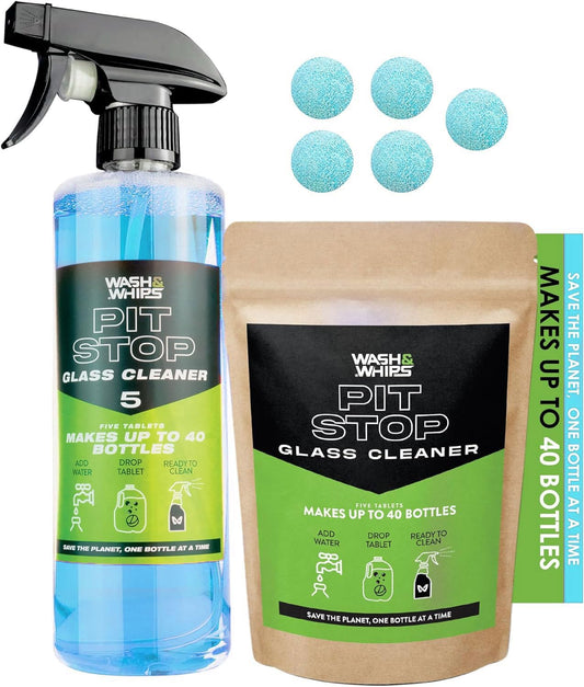 WASH&WHIPS Glass Cleaner Effervescent Tablets w/Empty 16 oz Spray Bottle (Makes 5 Gal/20L/ 40 Bottles)