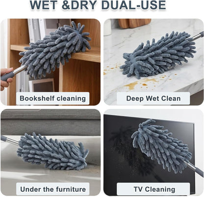 2 Pack Microfiber Duster for Cleaning, Washable Dusters, Extendable Pole, Up to 30 Inch Reachable, Wet and Dry Use Cleaning Tools for Car, Ceiling Fan, Window, Furniture, Office