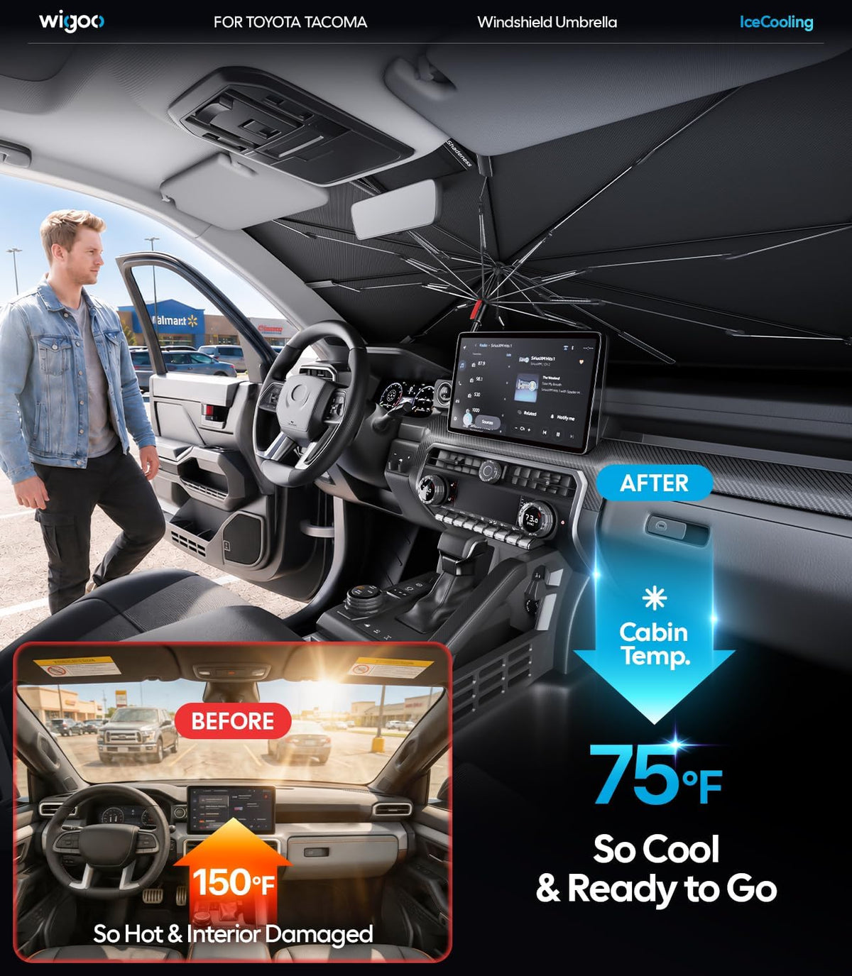 Wigoo Windshield Sun Shade Umbrella for Tesla Model Y [100% Sun Blockage, Ice Cooling Fabric] Foldable Heat Insulation Front Window Sunshade Umbrella for Tesla Model Y 2020–2026 (Juniper)