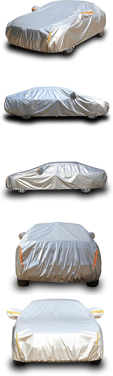 Tecoom Heavy Duty Multiple Layers Car Cover All Weather Waterproof Windproof Reflective Snow Sun Rain Protective Outdoor with Buckles and Belt Fit 191-200 Inches Sedan