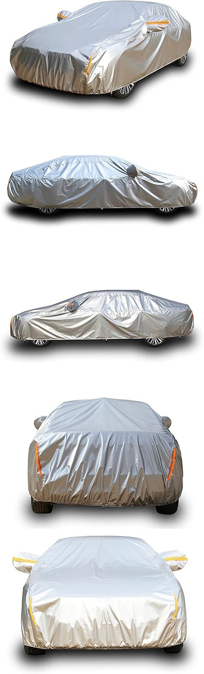 Tecoom Heavy Duty Multiple Layers Car Cover All Weather Waterproof Windproof Reflective Snow Sun Rain Protective Outdoor with Buckles and Belt Fit 191-200 Inches Sedan
