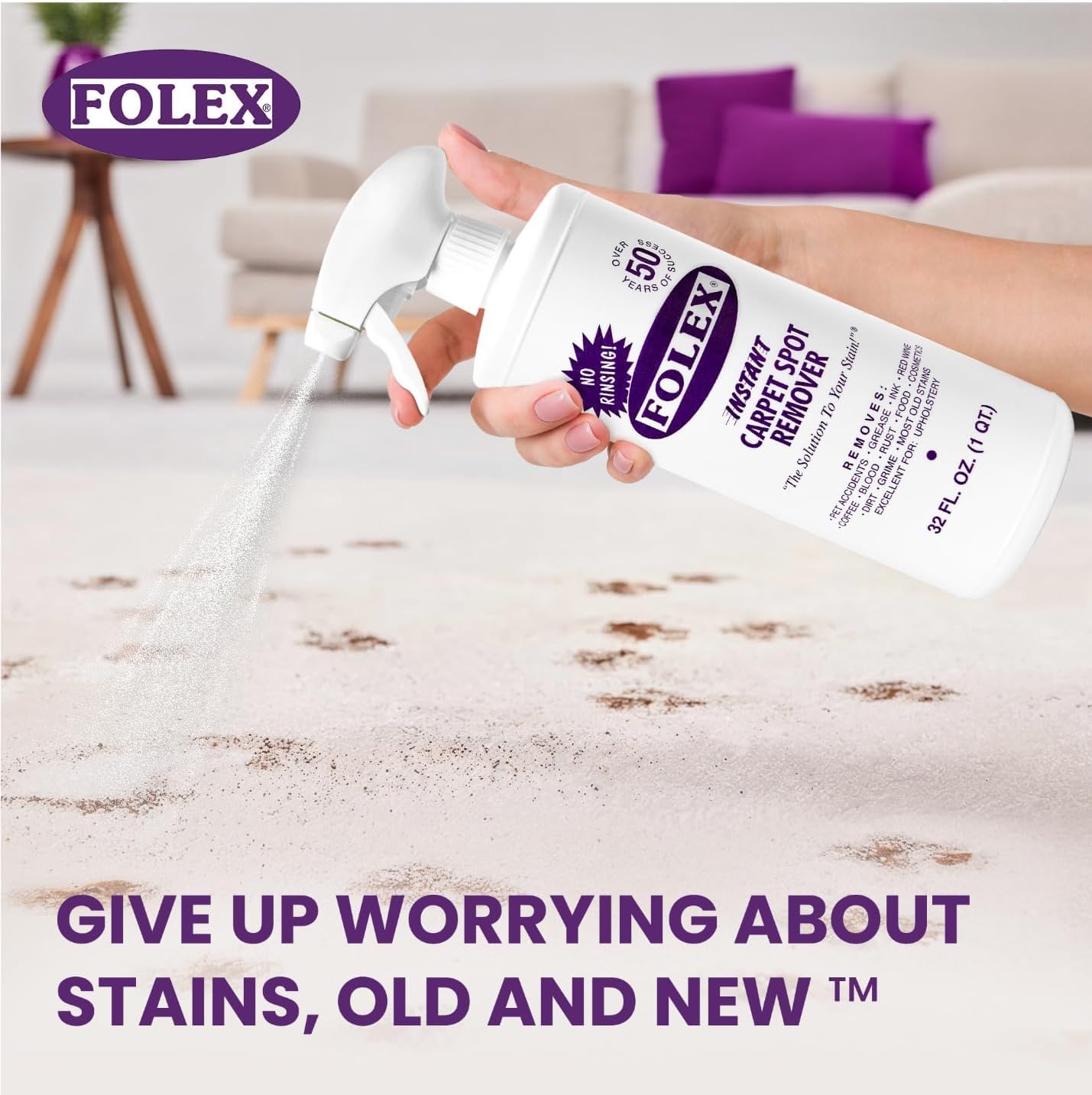FOLEX Instant Carpet Spot Remover 32 oz – Powerful Stain Remover for Carpets, Upholstery & Rugs – Eliminates Pet Stains, Grease, Red Wine, Food, Makeup & More – With Reusable Cleaning Cloth - 1 Pack