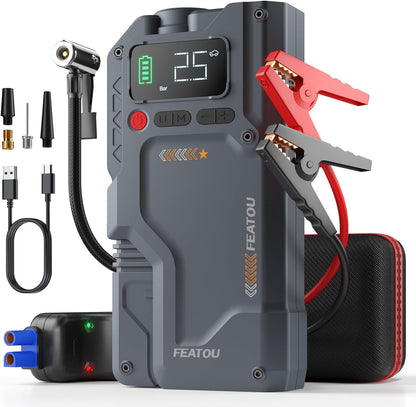 Featou Jump Starter with Air Compressor, 5 in 1 Functional Jump Box 5500A Peak Power Pack with 150PSI Digital Tire Inflator, Portable Car Charger Jumper for 9.0L Gas or 7.5L Diesel