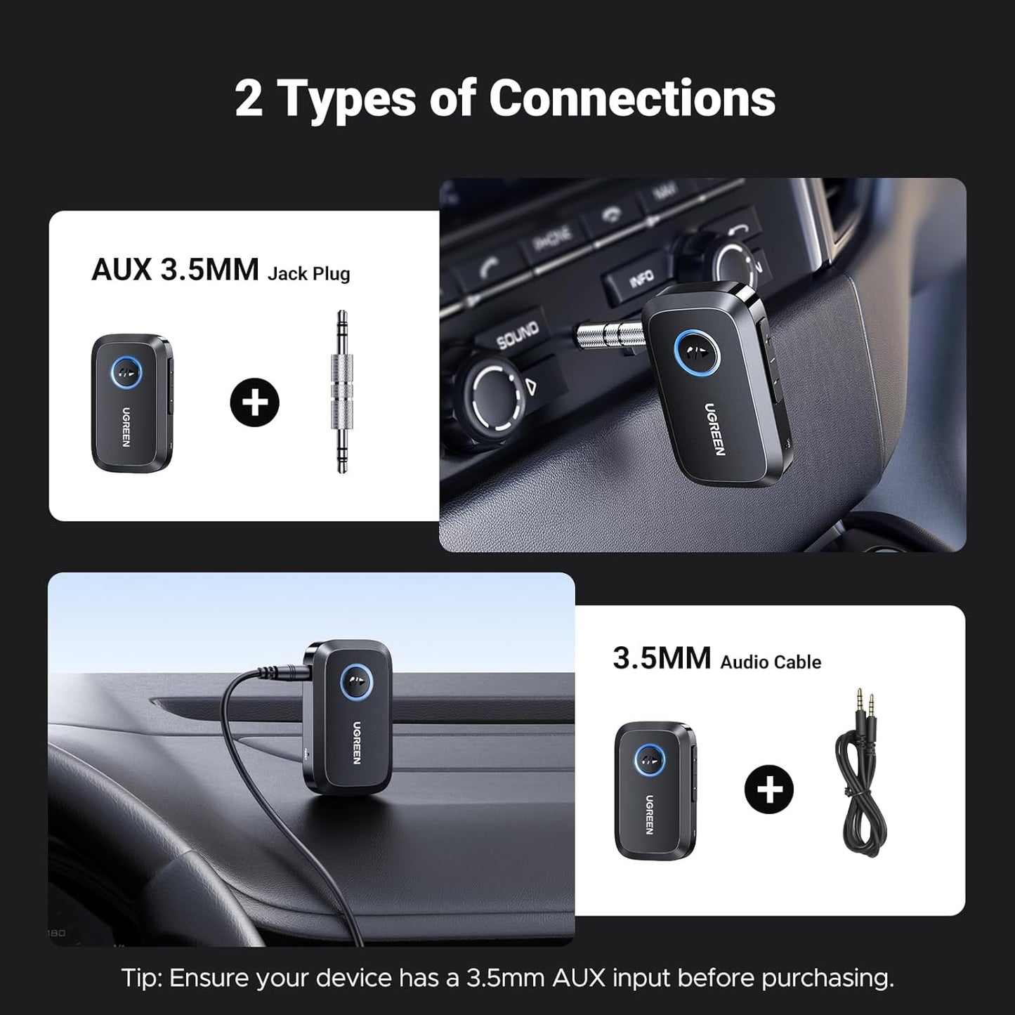 UGREEN Bluetooth 5.4 Car Adapter, Hands-Free Call & Noise Cancelling AUX to Bluetooth Adapter for Car, 3.5mm Audio Blue-Tooth Receiver for Cars Stereo Home Speaker - 15H Battery Life