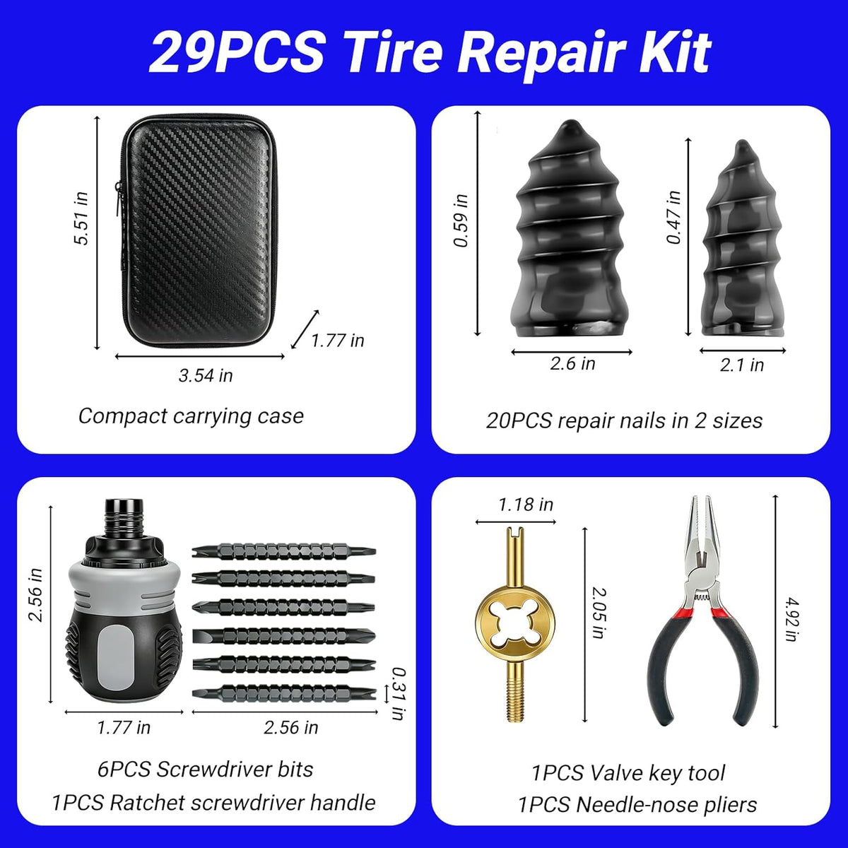 Tire Repair Rubber Nail Kit, Premium Spiral Screw-in Tire Plugs with 2 Sizes, Emergency Roadside Flat Tire Fix Tool for Car Truck Motorcycle Tractor ATV SUV - Fast Self Service Repair, 61 PCS