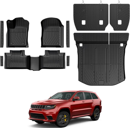 Floor Mats for Jeep Cherokee 2019-2023, All Weather Floor Mats Trunk Cargo Liner with Backrest Protectors and Door Sill Guards Accessories, Full Coverage Set
