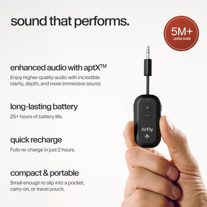 AirFly Pro 2 Deluxe – Bluetooth Adapter for Airplane, Pair 2 AirPods or Wireless Headphones – 3.5mm AUX Bluetooth Transmitter/Receiver for Cars, Boats, Treadmills, TVs – Airplane Travel Essentials