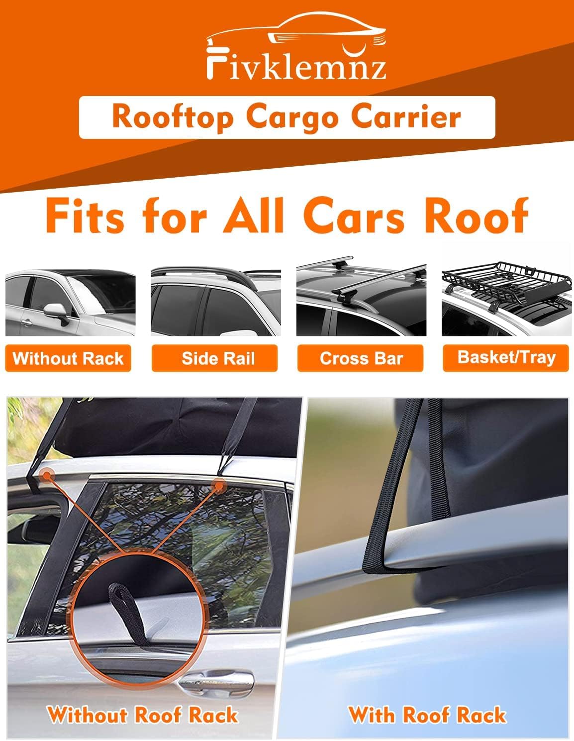FIVKLEMNZ Rooftop Cargo Carrier - 21 Cubic Waterproof Roof Top Cargo Bag for All Cars SUVs with/Without Rack, Heavy Duty 840D Car Roof Bag with Anti-Slip Mat, 10 Reinforced Straps, 6 Door Hooks & Lock