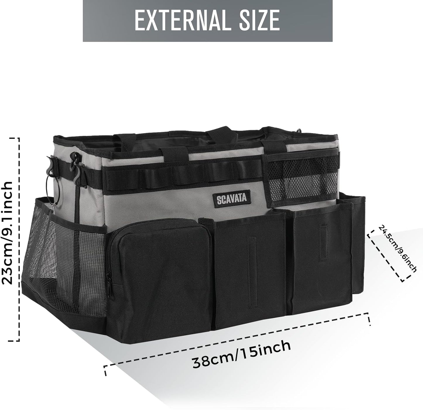 SCAVATA Wearable Cleaning Caddy Bag, Supplies Organizer with Handle & Shoulder Straps for Housekeepers, Under Sink & Car Cleaning Tool Organizer with 4 Foldable Dividers (Black)