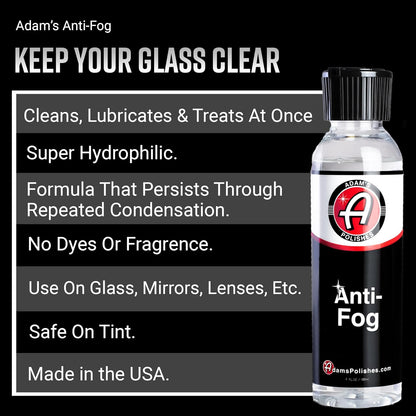 Adam's Polishes Anti-Fog (4 fl. oz) - Glass, Mirror, Shower Door, Visor, Lens Anti-Condensation Treatment | Long-Lasting, Easy Application | Safe for All Surfaces - Helmets, Visors, & Face Shields