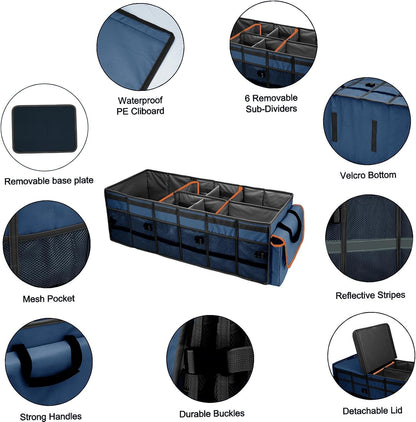 Car Trunk Organizer and Storage with Lid & Removable Leakproof Cooler Bag, Car Accessories 6 Removable Dividers for Custom Space, Collapsible Large Trunk Organizers Interior for SUV Sendan with Cover