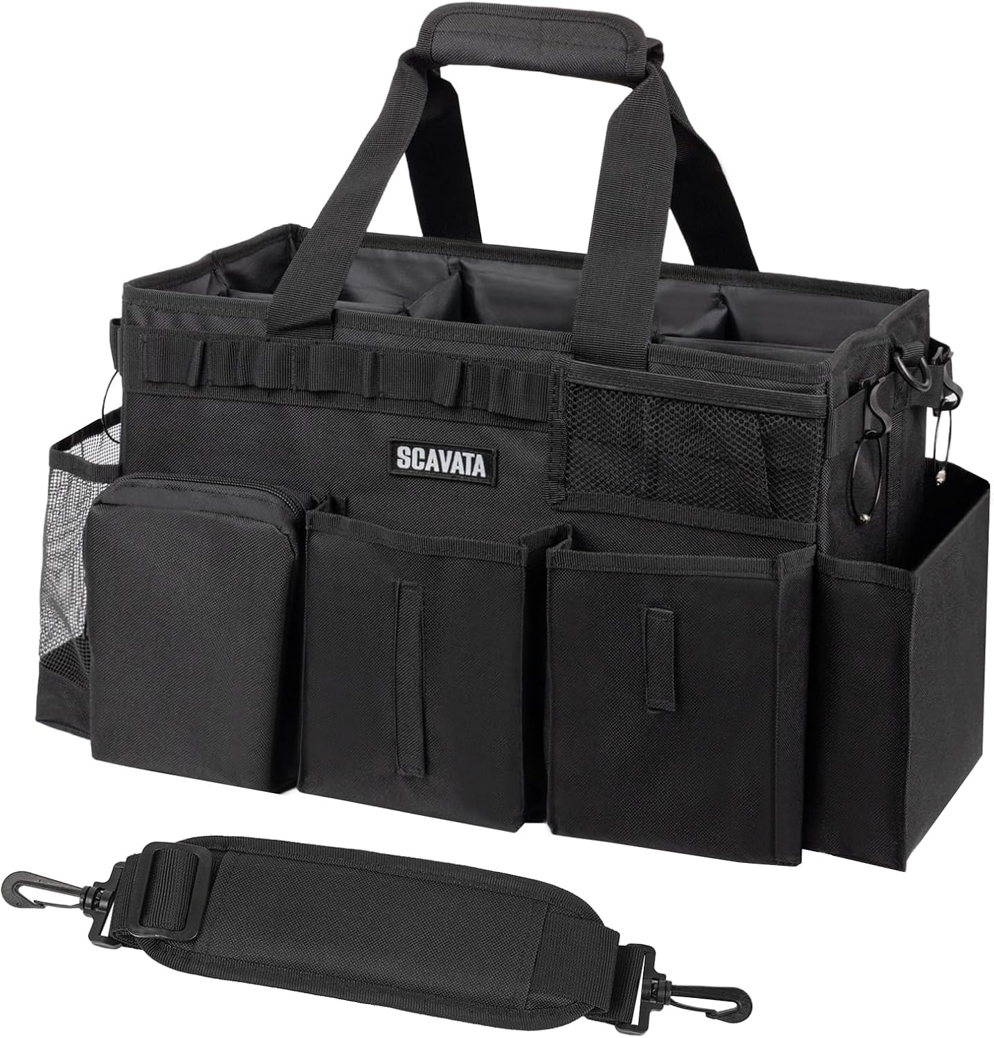 SCAVATA Wearable Cleaning Caddy Bag, Supplies Organizer with Handle & Shoulder Straps for Housekeepers, Under Sink & Car Cleaning Tool Organizer with 4 Foldable Dividers (Black)