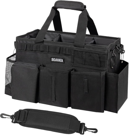 SCAVATA Wearable Cleaning Caddy Bag, Supplies Organizer with Handle & Shoulder Straps for Housekeepers, Under Sink & Car Cleaning Tool Organizer with 4 Foldable Dividers (Black)