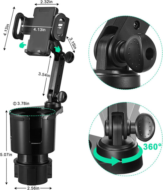 This Hill Car Cup Holder Expander 2-in-1 with Adjustable Base & 360° Rotating Phone Mount, Compatible with iPhone 17 Pro Max and Smartphones up to 4.13", Fits Large Bottles up to 3.78"