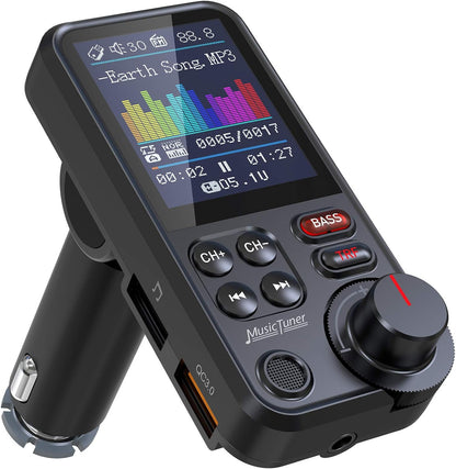 Nulaxy KM30 Bluetooth Car Adapter, FM Transmitter with 1.8" Color Screen, Hands-Free Calling Strong Mic, QC3.0 Fast Charging, Treble & Bass Sound Music Player, Wireless Radio Receiver, AUX TF USB