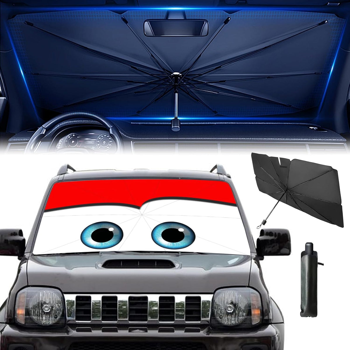 Windshield Sun Shade 2025 Car Accessories 100% Blackout Car Front Windsow Shades Umbrella Automotive Sun Visor Block Heat Insulation Protection (Black Eyes)