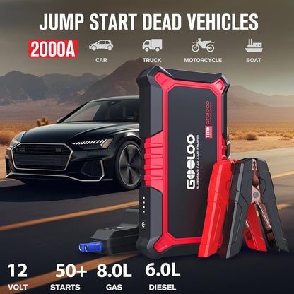 GOOLOO New GP2000 Jump Starter, 12V 2000A Car Jumper Starter(Up to 8.0L Gas, 6.0L Diesel Engines), SuperSafe Portable Battery Charger, Auto Lithium Box Booster Pack with USB Quick Charge, red