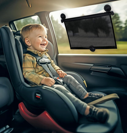 Nuby 14" Roller Vehicle Side Window Sun Protection Shade for Baby | 2 Pack | Pull Down with Suction Cups and Press Button Roll Up | Black