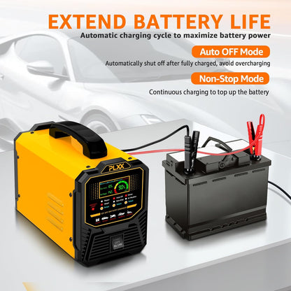 PLXX 12V 24V Car Battery Charger Heavy Duty 0-15A Automatic Smart Trickle Charger with Auto Shutoffs, Repair, Winter Mode, for Automotive Car Truck Motorcycle Lawn Mower Boat Marine AGM