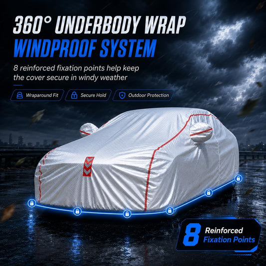 Car Cover for Sedan, Waterproof All Weather Heavy Duty, 360° Underbody Wrap Windproof Design, Quick Install Outdoor Vehicle Cover, Fits 186-193 in