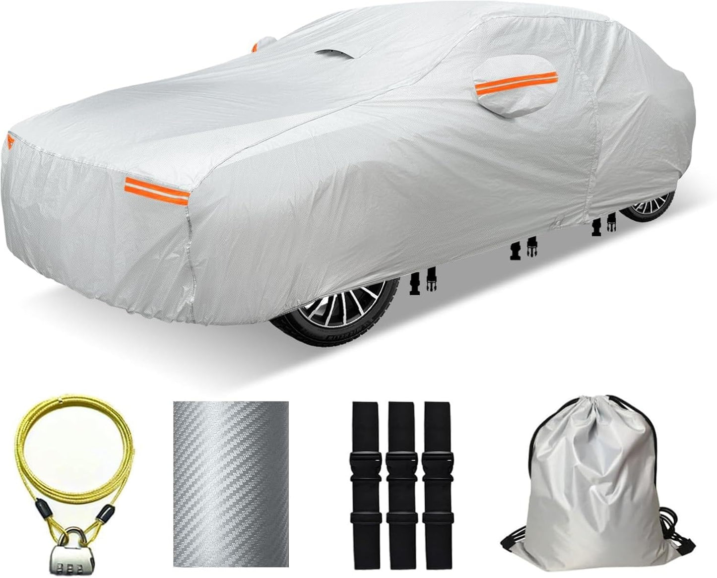 30 Layers Car Cover for Automobiles All Weather Waterproof, Outdoor Snowproof UV Protection Windproof, Door Zipper, Soft Cotton, Heavy Duty Universal Car Covers, (Silver, Fit Sedans 171"-180")