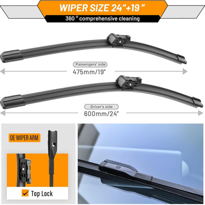 OEM Windshield Wipers Replacement for VW Volkswagen Jetta CC Passat Wiper Blades 2011 2012 2013 2014 2015 2016 2017 2018 2019-2023 -Original Factory Quality 24 and 19 inch (Set of 2) Top Lock 16mm