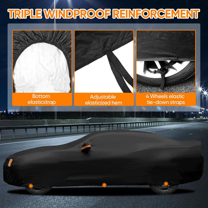 NEVERLAND Sedan Car Cover Waterproof Heavy Duty All Weather Protection Snow Anti-UV Windproof Outdoor Full Car Cover Fit for Automobiles BMW/Mercedes-Benz/Honda（for Car Size:183''L x 70''W x 59''H）