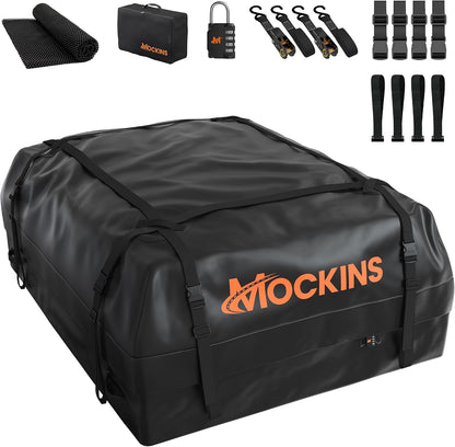 Mockins 16 Cu Ft Weatherproof No Rack Rooftop Cargo Carrier Bag 45"x34"x18" | Rooftop Cargo Bag for Top of Car | Car Topper Luggage Carrier Waterproof Set w/ Accessories | Vehicle Soft-Shell Carriers