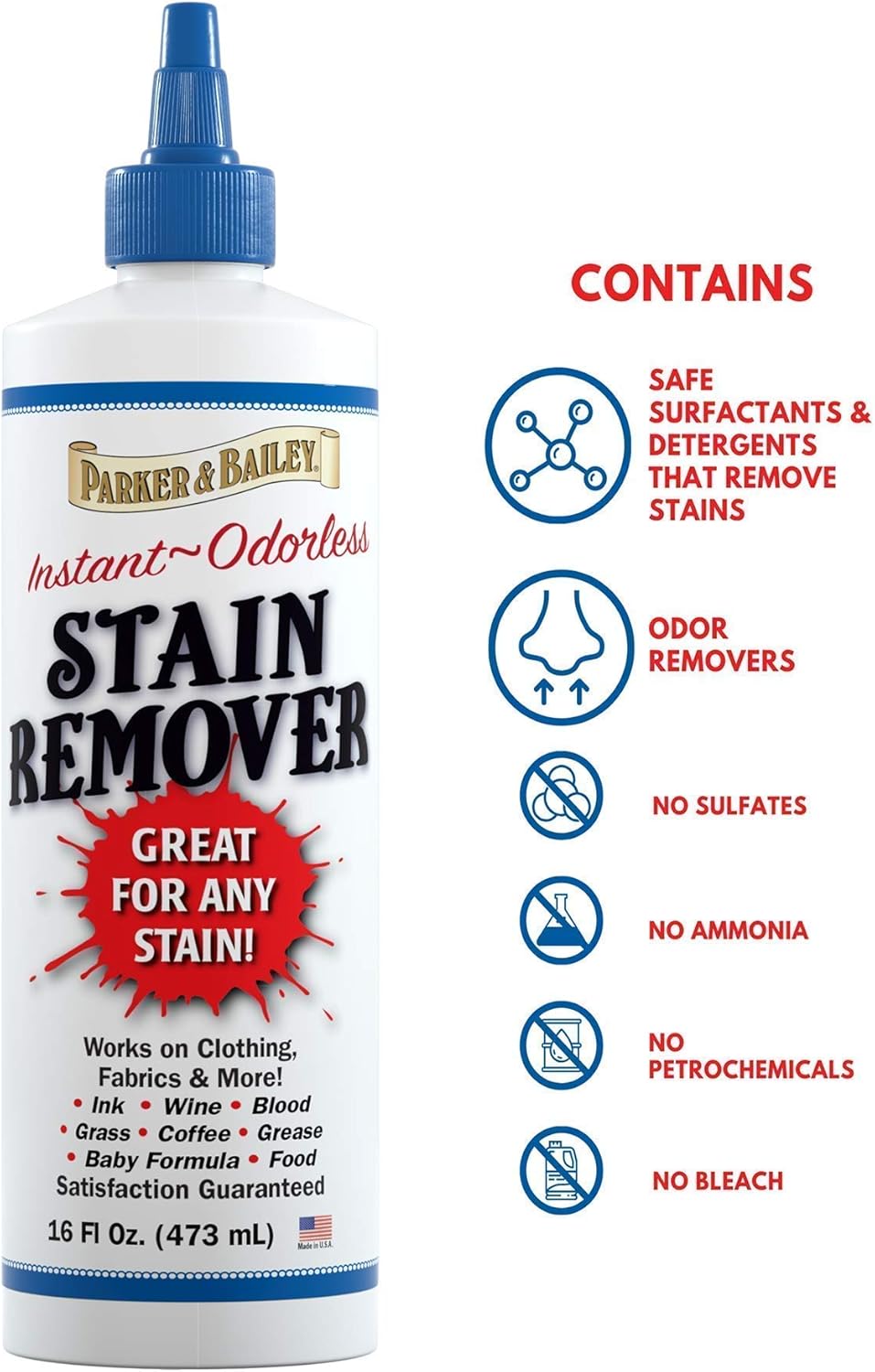 Parker and Bailey Stain Remover- Blood Stain Remover for Carpet, Clothes, Sheets and Mattress - Garment and Fabric Laundry Stain Remover - 16oz