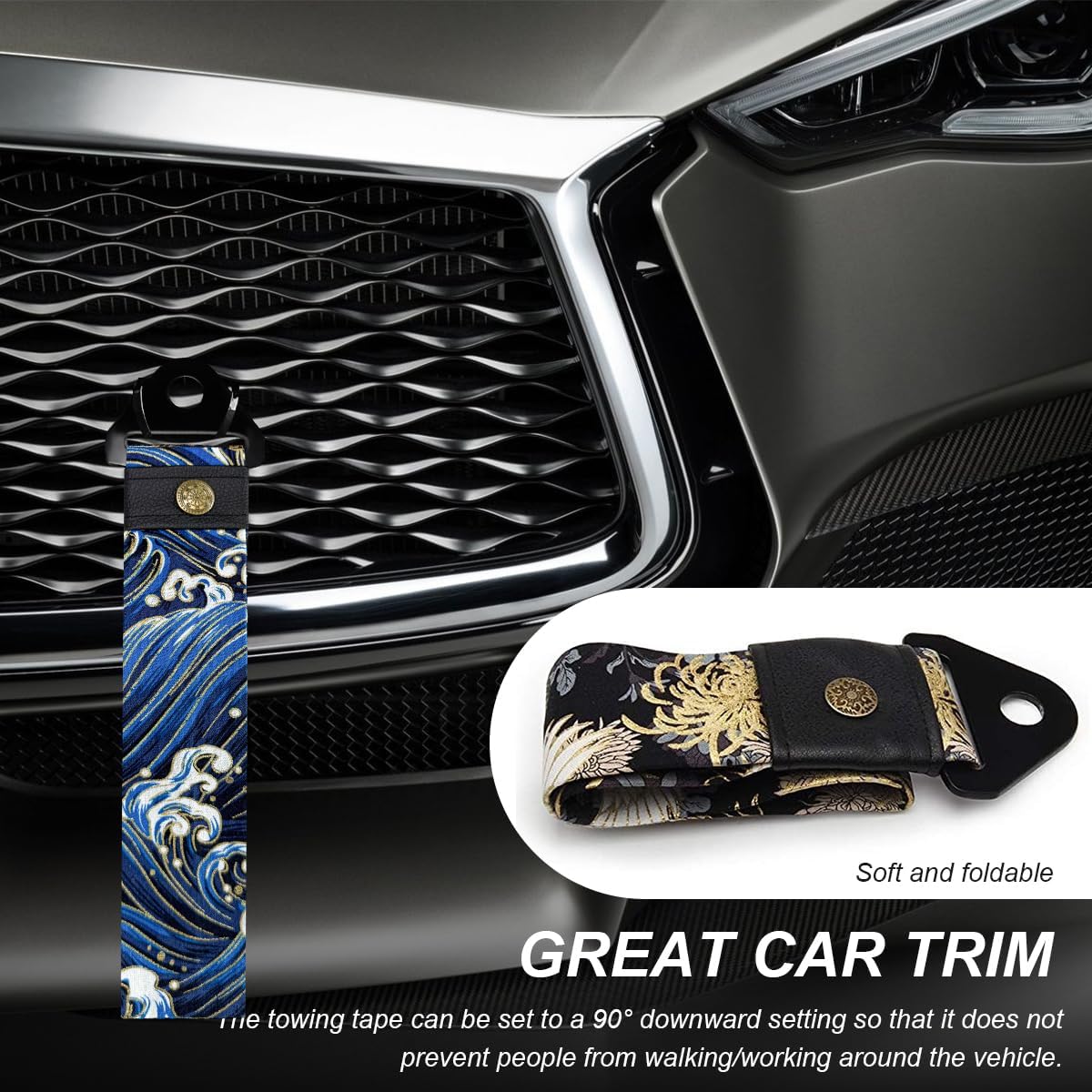 Racing Tow Strap, Stylish JDM Car Bumper Tow Strap Trailer Hook Belt for Decoration, Heavy Duty Nylon Traction Rope Universal Fit for Front or Rear Front Bumper (Black)