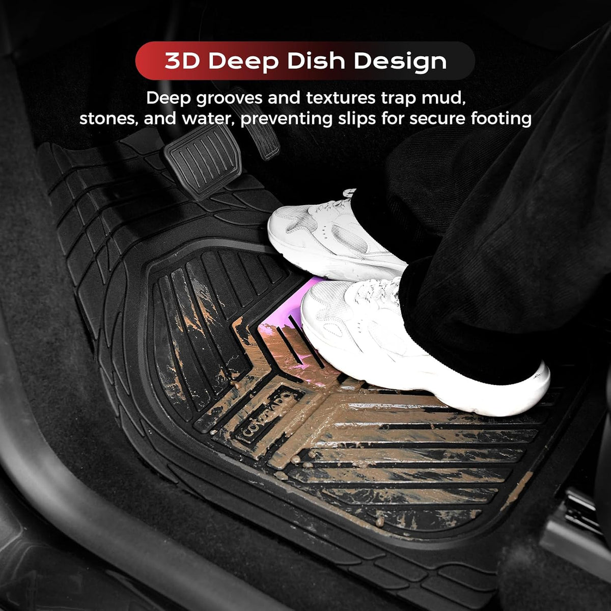 Coverado Car Floor Mats All Weather Waterproof Deep Dish Anti-Slip Car Mats Set, Heavy Duty Rubber Floor Mats for Cars, Universal Trim to Fit Automotive Floor Mats for Cars Trucks SUV, Black&Red