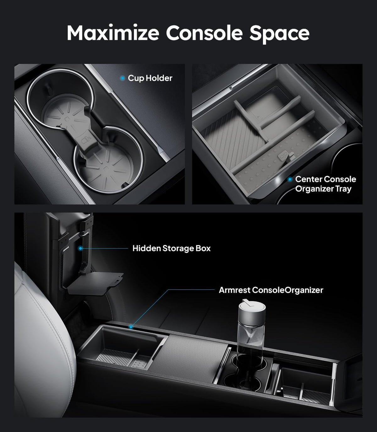 Wigoo Center Console Organizer for Tesla Model Y Juniper (Only Premium & Performance 2025 2026) and All Model 3 Highland Accessories [Double-Layer Storage, Smooth Sliding] 4PCS Black