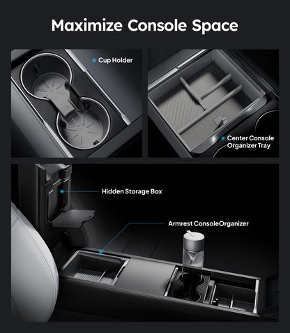 Wigoo Center Console Organizer for Tesla Model Y Juniper (Only Premium & Performance 2025 2026) and All Model 3 Highland Accessories [Double-Layer Storage, Smooth Sliding] 4PCS Black
