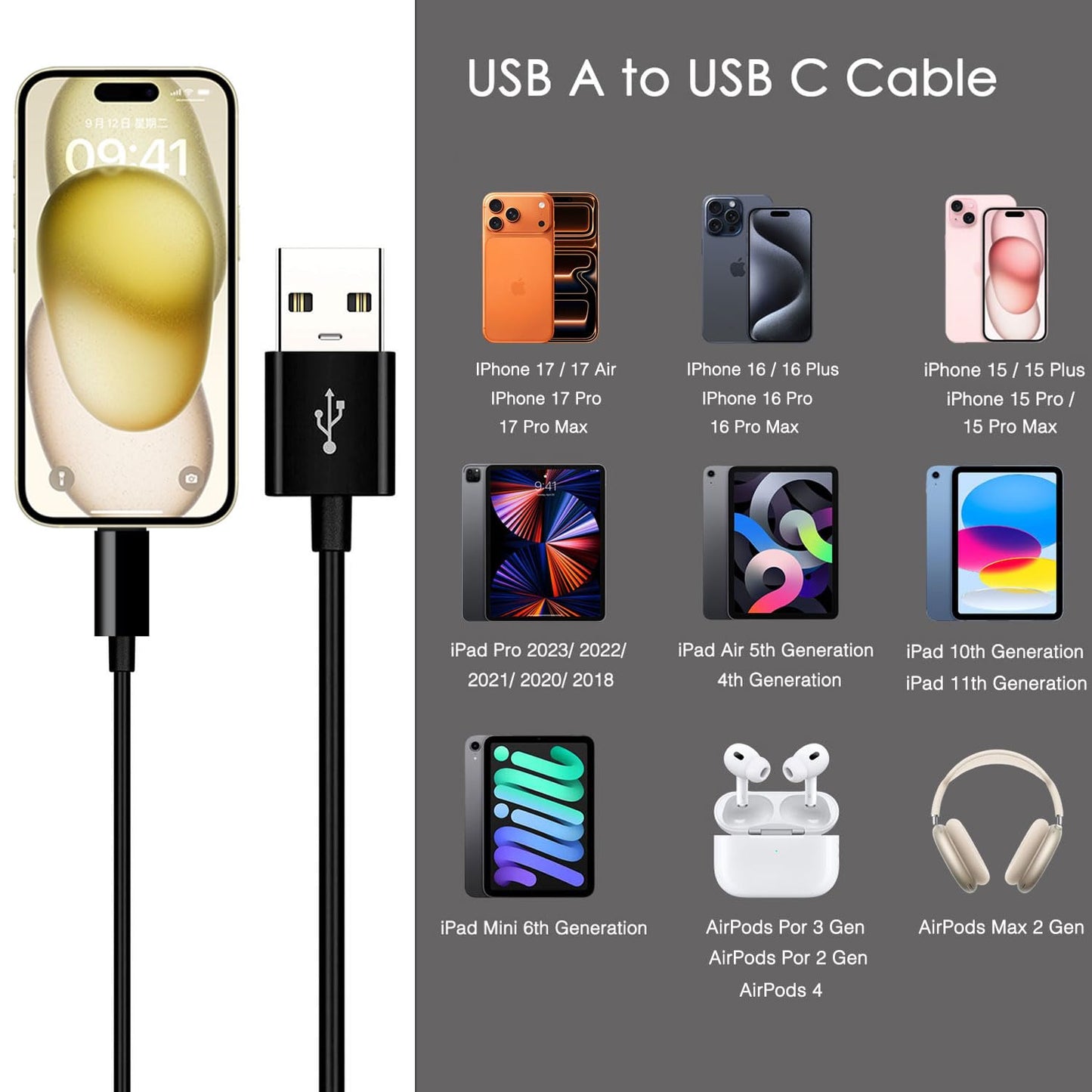 Car Carplay Cable for iPhone 17/16/15, USB A to USB C Cable Compatible for iPhone 17/16,17Air, 17/16/15 Pro Max,17E/16E/Plus, iPad 10th/11 Gen,iPad Pro 12.9,Air 5th/4th Charger Cord,Car Charging Cable
