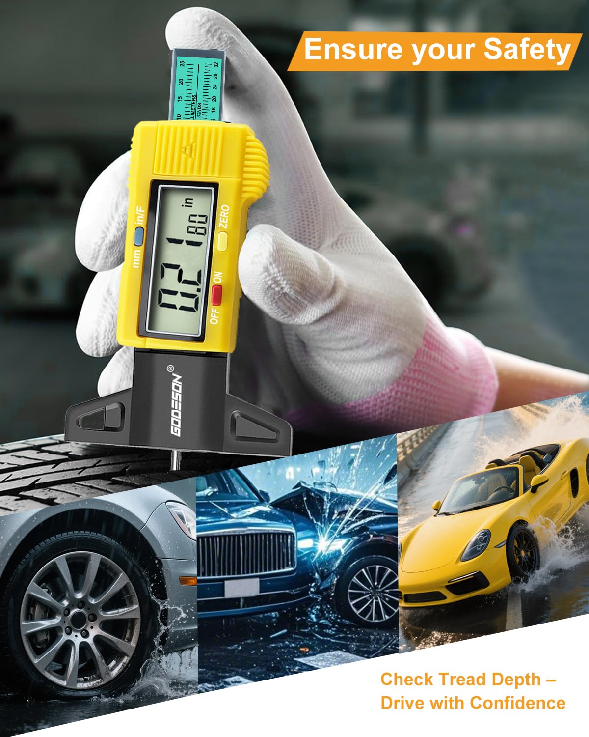 GODESON Tire Tread Depth Gauge, Digital Tire Tread Depth Gauge with 3 Modes-Fractional Inch, Decimal Inch and Millimeter, Tire Depth Gauge for Motorcycles, Cars, SUV, Easy to Read Tread Depth Gauge