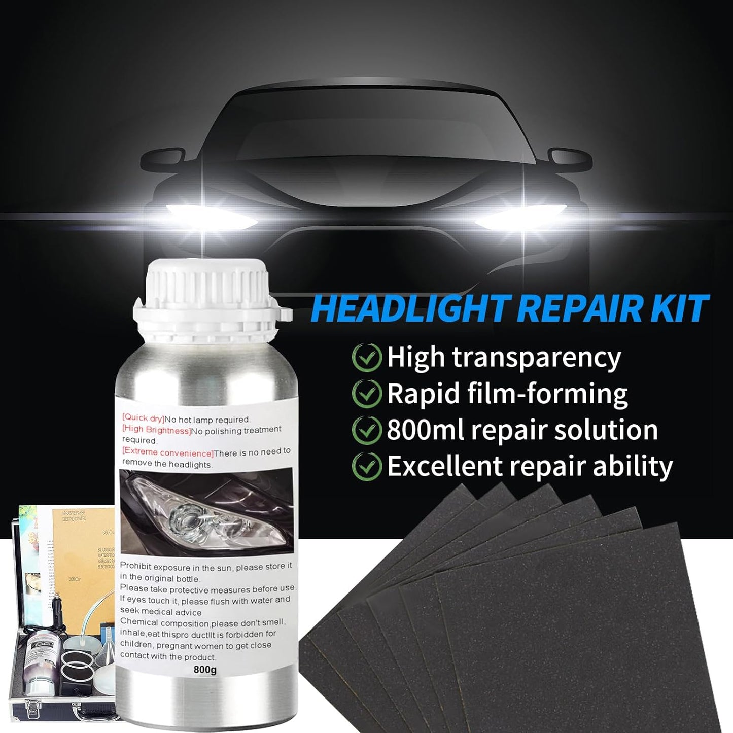 Headlight Restoration Kit, 800g Vapor Headlight Restoration Kit, Head Light Lens Restore Kit with 800g Repair Liquid for Repair Headlight Yellowing/Vague/Scratch/Oxidation