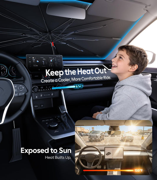 Wigoo Windshield Sun Shade Umbrella for Tesla Model Y [100% Sun Blockage, Ice Cooling Fabric] Foldable Heat Insulation Front Window Sunshade Umbrella for Tesla Model Y 2020–2026 (Juniper)