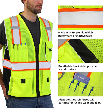 Dib Safety Reflective Mesh Vest ANSI Class 3, High Visibility with Pockets and Zipper, Made with 3M Reflective Tape, Yellow XL