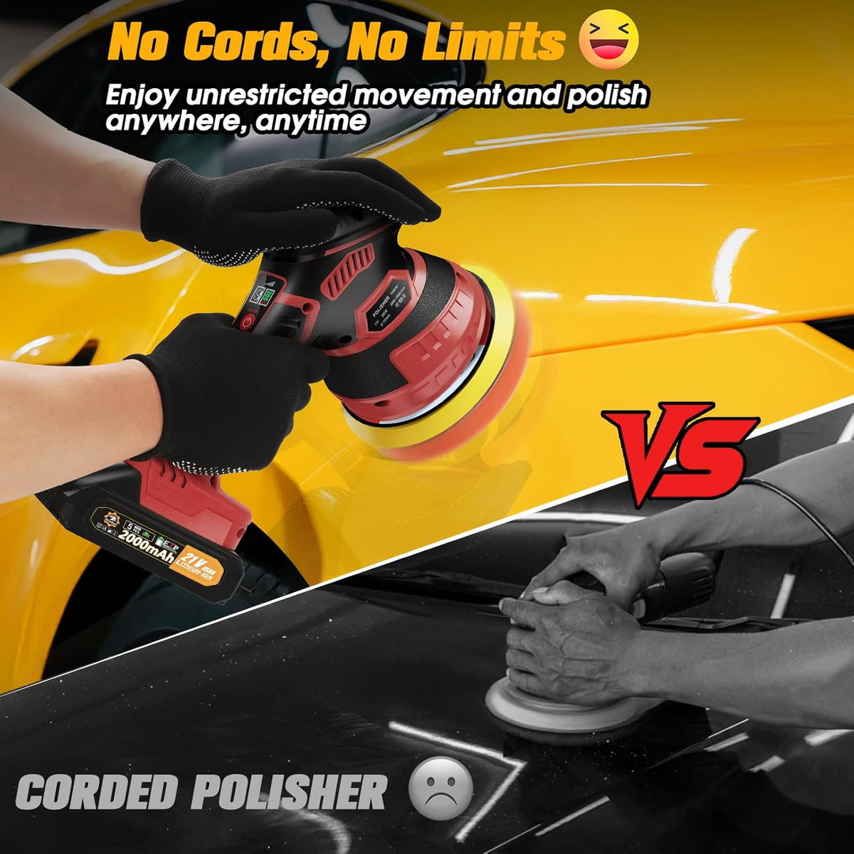 Cordless Car Buffer Polisher kit [2x 2000mAh 21V Batteries & 18 PCS Attachments] 6-Speed Orbital Design, LED Display, Lightweight Detailing Tool for Waxing, Polishing & Scratch Removal-Yellow