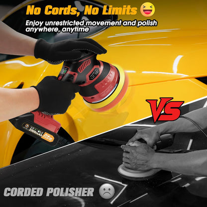 Cordless Car Buffer Polisher kit [2x 2000mAh 21V Batteries & 18 PCS Attachments] 6-Speed Orbital Design, LED Display, Lightweight Detailing Tool for Waxing, Polishing & Scratch Removal-Yellow