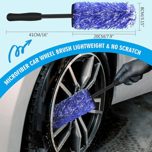 4 Pack Car Wheel Brush Kit - Soft, Scratch-Free Microfiber & Synthetic Wool Cleaning Brushes for Tires, Rims, Fenders, Engine, Exhaust Tips