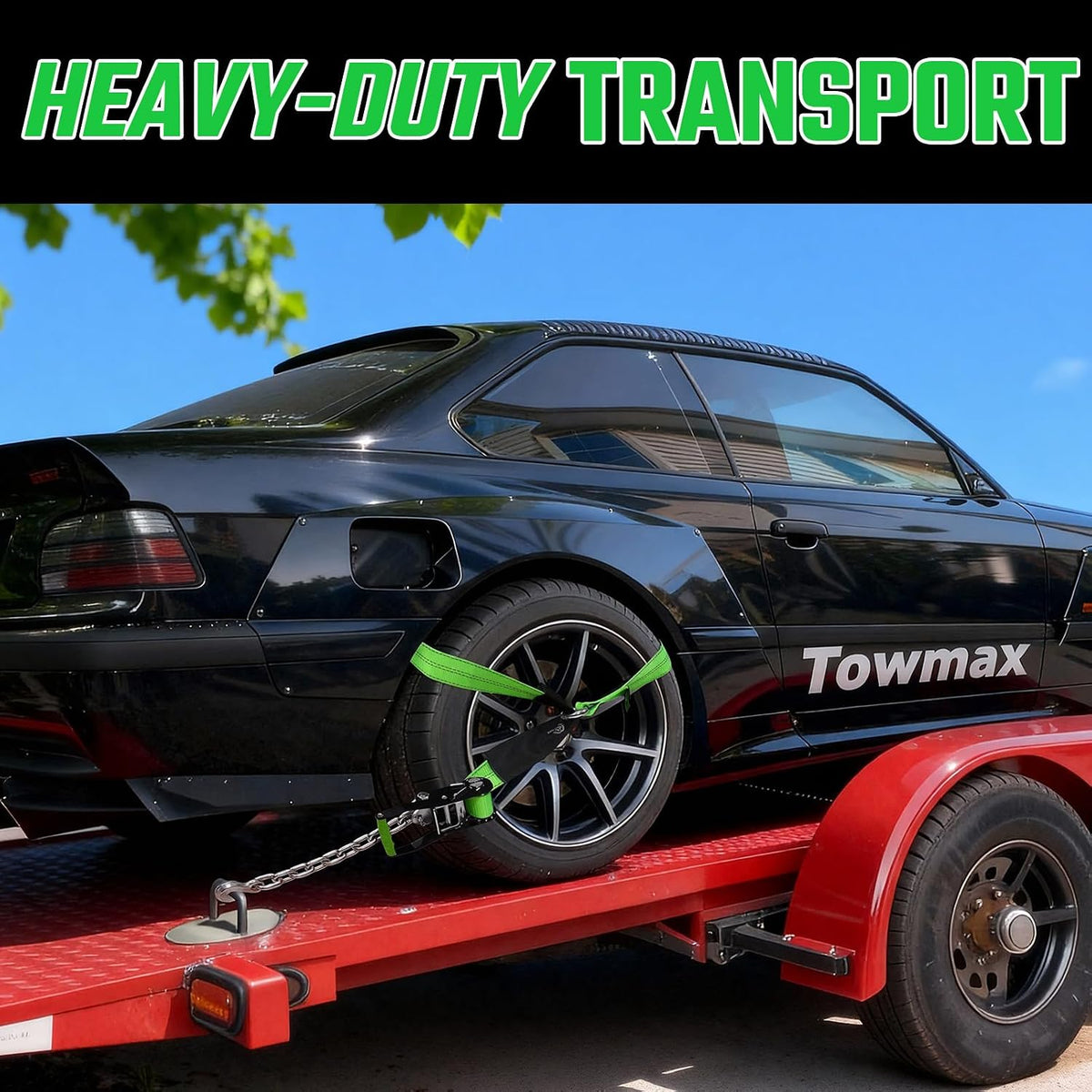 4 Pack Car Tie Down Straps for Trailers - 2" x 8' Heavy Duty Tire Straps with Snap Hooks - 10,000lbs Break Strength, Adjustable Lasso Style Wheel Straps for Hauling Cars, Truck, UTV(Green)