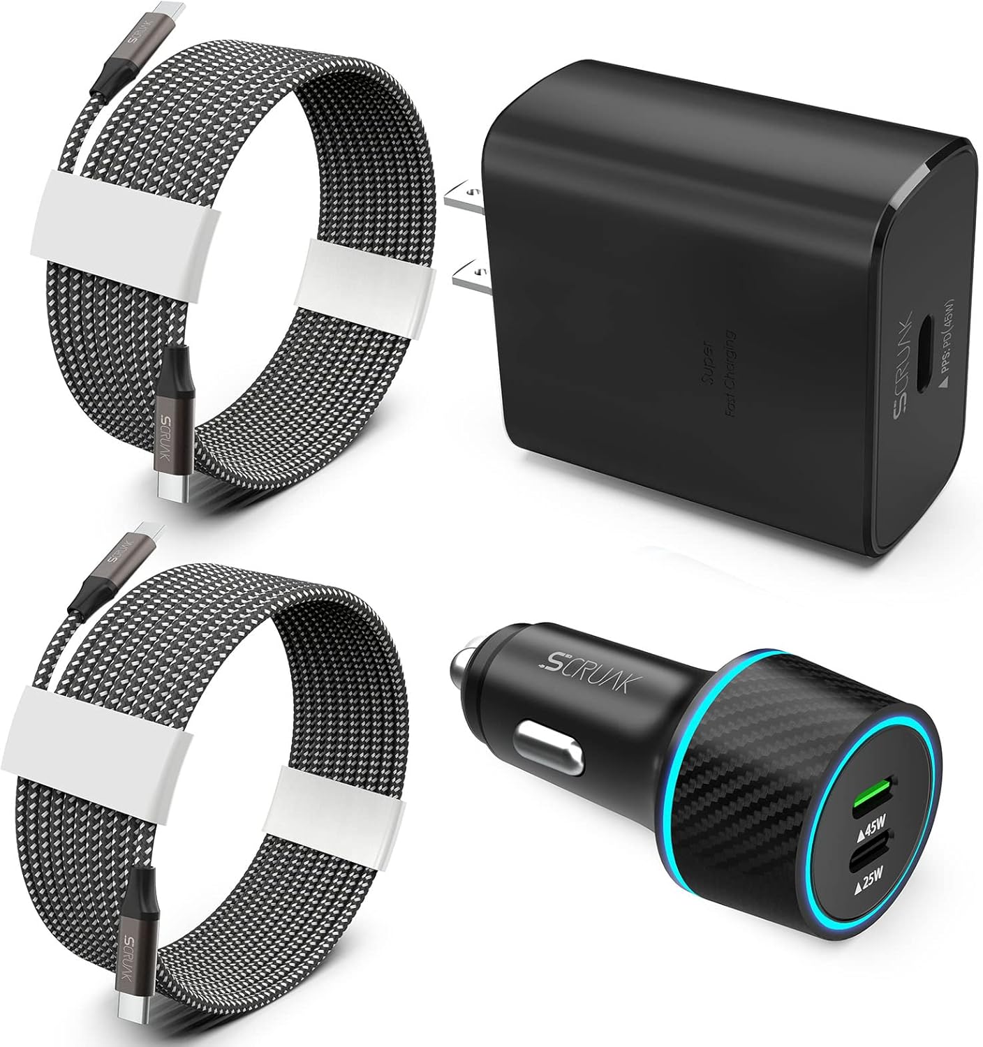 S24 S25 Ultra Charger Type C, SCRUAK 45W PPS Super Fast USB-C Wall/Car Charger for Samsung Galaxy S25 Ultra/S25+/S25/S24 Ultra/S24+/S23/S22/S20/Note 20/Note 10+(with 2X 3.3FT 5A Type C Cable)