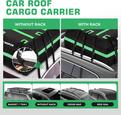 Kingfun Car Rooftop Cargo Carrier – Waterproof 20 Cubic Feet Car Roof Bag Fit All Vehicles with/Without Roof Racks, Includes Anti-Slip Mat, 8 Reinforced Straps & 6 Door Hooks, Luggage Locks（Black）