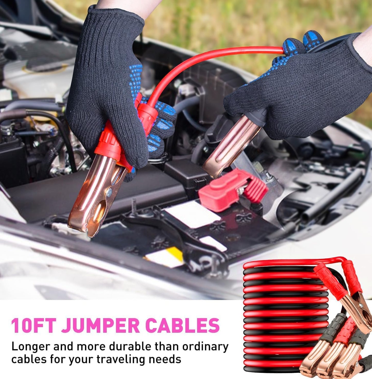Roadside Car Emergency Kit, Winter Car Safety Kit with 10FT Jumper Cables, Tow Strap, Tool Kit, Reflective Warning Triangle, Road Trip Essentials, for New Drivers, Teens
