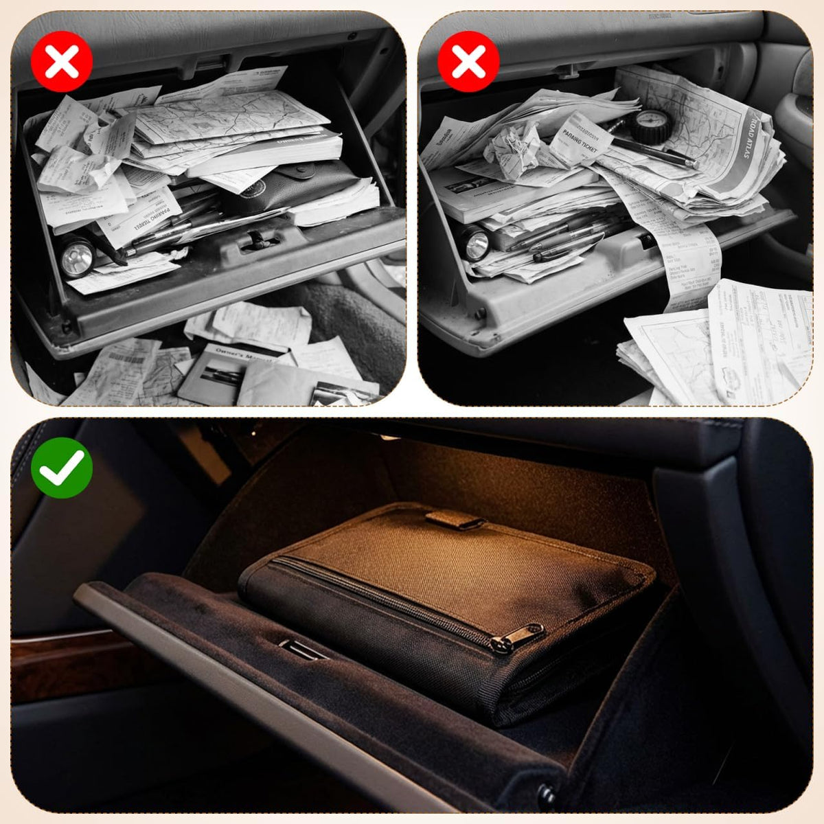 GLEAVI Car Glove Box Organizer, 9.4x6.9 Inch Heat-Resistant Oxford Vehicle Registration and Insurance Document Holder, Universal Auto Owners Manual Case with Full-Surround Zipper for Truck