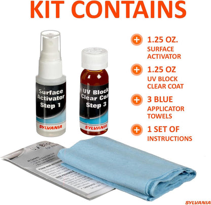 SYLVANIA Headlight Restoration Kit - Long-Lasting Headlight Repair Kit for Restoring to Like-New Condition - Surface Activator, Exclusive UV Coating, Clarifying Compound & More - No Tools Required
