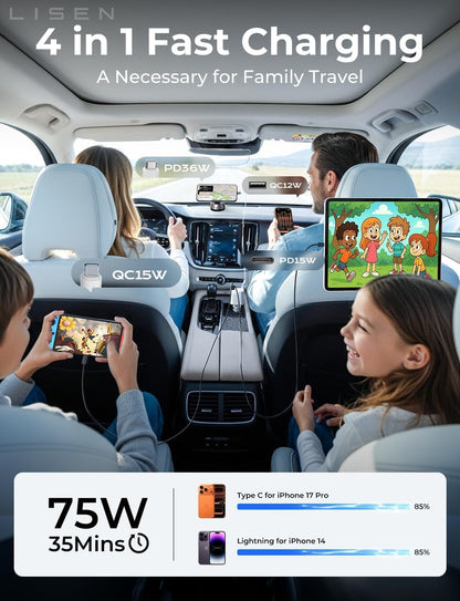 LISEN Retractable Car Charger, 84W Car Charger USB C Fast Charger, Cigarette Lighter USB Charger Adapter, Car Accessories Birthday Gifts for Men Women Dad Mom Husband, for iPhone 17 16 15 14 13 12 11