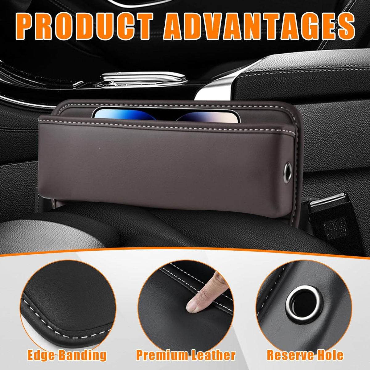 Ziciner Car Seat Gap Organizer, Premium Leather Auto Seat Storage Box, Vehicle Adjustable Front Seat Gap Filler, Car Seat Side Pocket Organizer for Phones, Glasses, Keys, Money, Cards (Black)