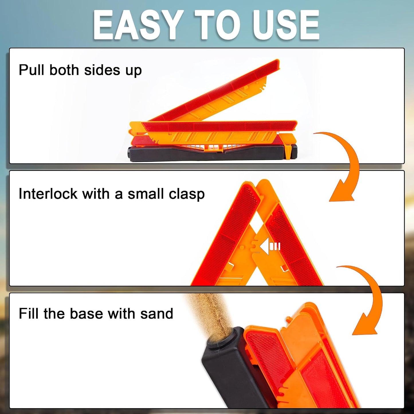 CARTMAN 3PK DOT Approved Foldable Road Safety Warning Triangles | Heavy weighted anti-tip base, high visibility reflect panels, fully compliant with US FMVSS 571.125 roadside safety rules